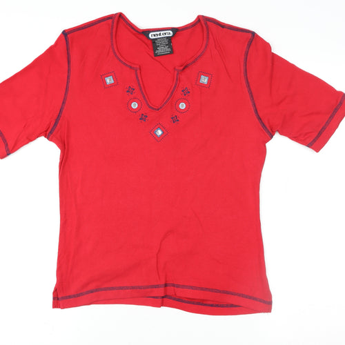 Natura Women’s Red Embroidered Cotton V-Neck Short Sleeve T-Shirt Size M