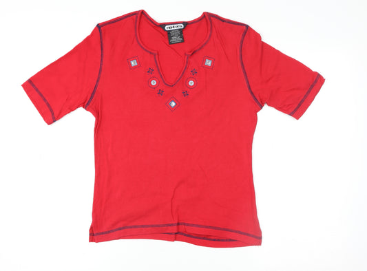 Natura Women’s Red Embroidered Cotton V-Neck Short Sleeve T-Shirt Size M