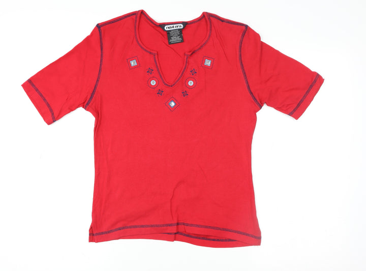 Natura Women’s Red Embroidered Cotton V-Neck Short Sleeve T-Shirt Size M