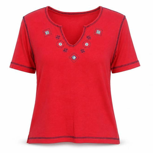 Natura Women’s Red Embroidered Cotton V-Neck Short Sleeve T-Shirt Size M