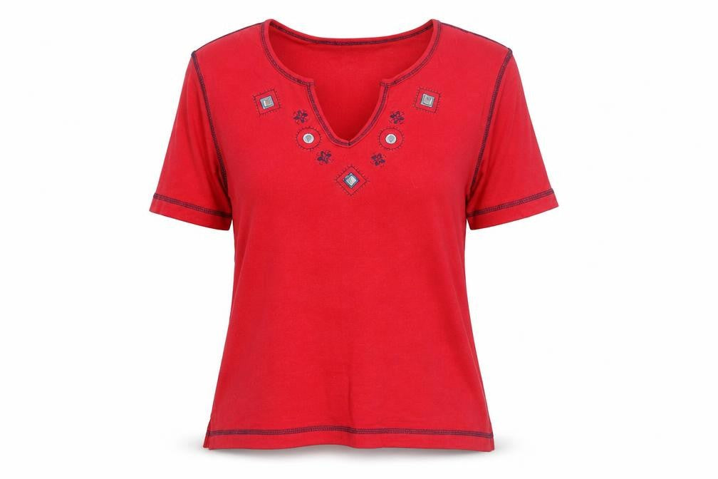 Natura Women’s Red Embroidered Cotton V-Neck Short Sleeve T-Shirt Size M