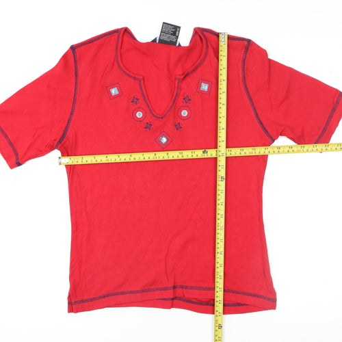 Natura Women’s Red Embroidered Cotton V-Neck Short Sleeve T-Shirt Size M