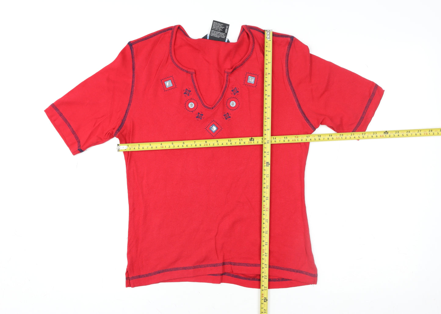 Natura Women’s Red Embroidered Cotton V-Neck Short Sleeve T-Shirt Size M