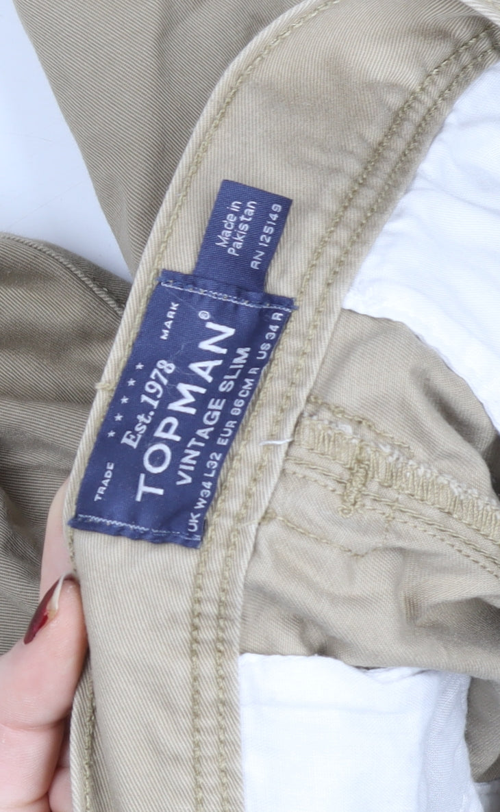 Topman Men's Beige Slim Fit Chino Trousers W34 L32