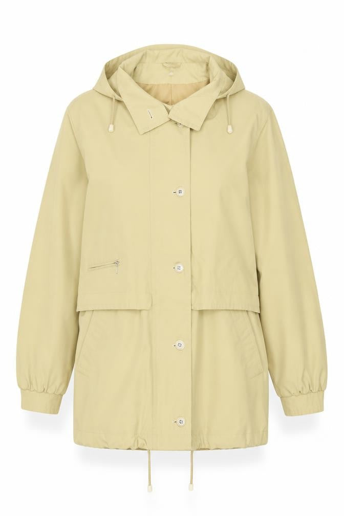 Front view of Dannimac Women's Beige Hooded Waterproof Mid-Length Rain Jacket M