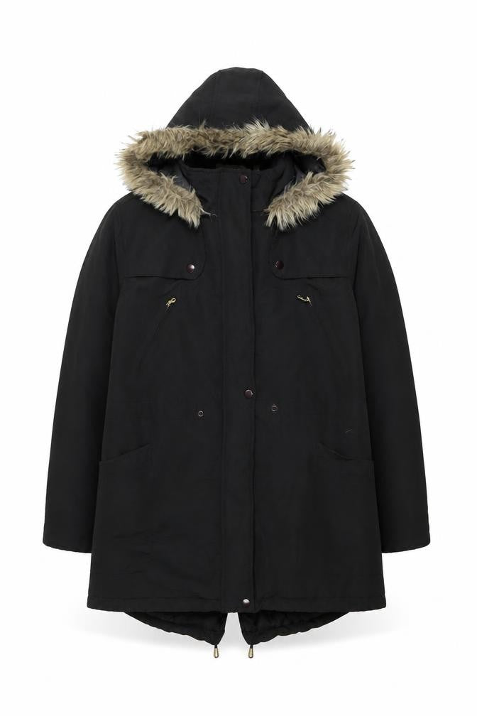 Anthology Women's Black Faux Fur Trim Parka Coat Size 18