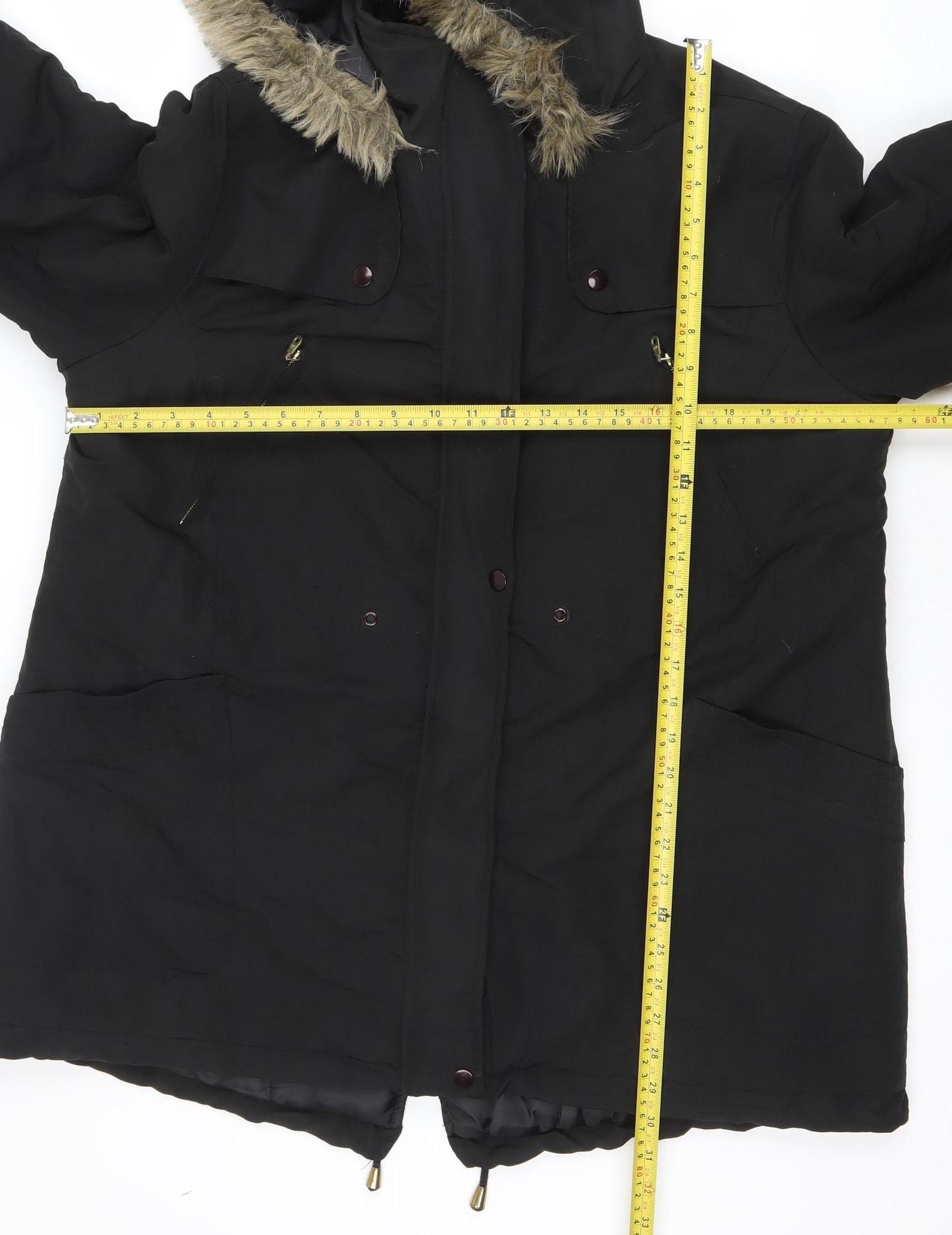 Anthology Women's Black Faux Fur Trim Parka Coat Size 18