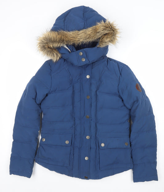 Roxy Women’s Blue Puffer Jacket S Hooded Fur Trim Winter Coat