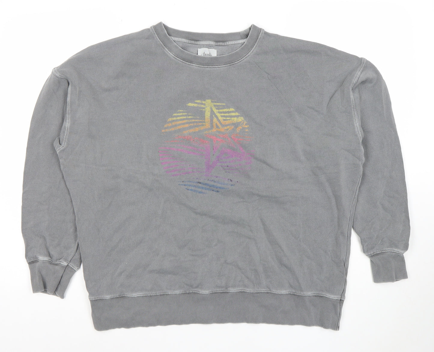 Fush Women Grey Crew Neck Pullover Sweatshirt with Rainbow Star Print Size L