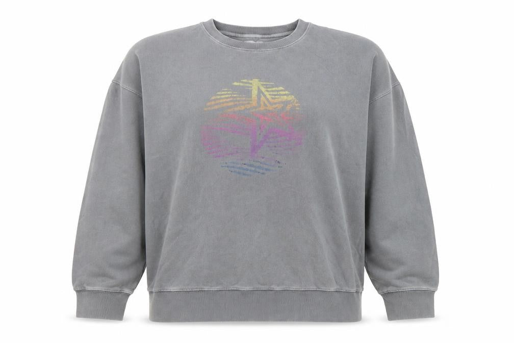 Front view of Fush Women Grey Crew Neck Pullover Sweatshirt with Rainbow Star Print, size L