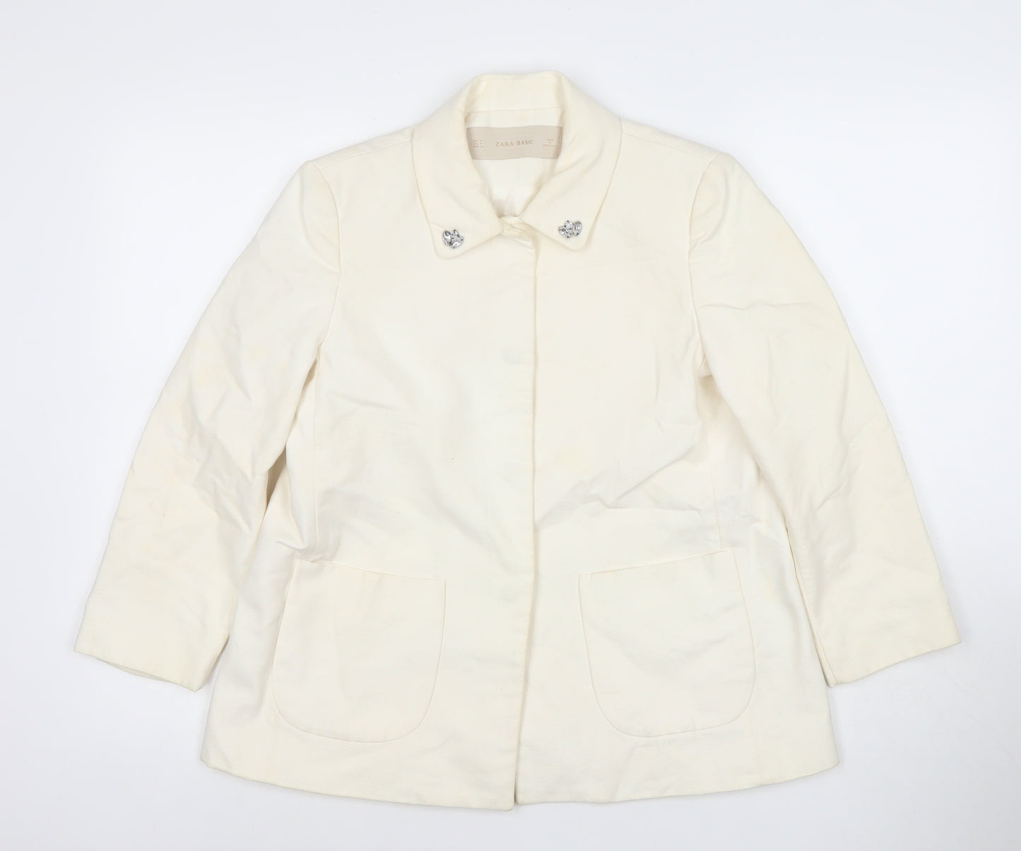 Zara Basic Women Ivory Cotton Blazer XS Regular Fit Single-Breasted