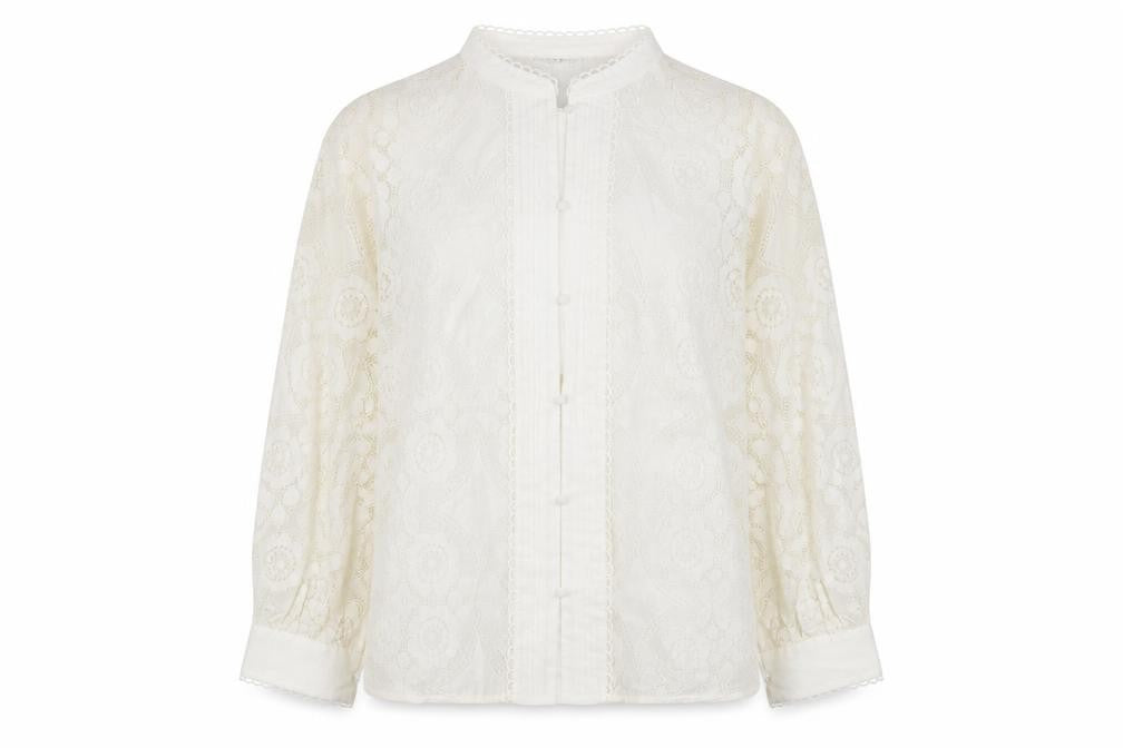 Front view of Gallery Women Ivory Lace Long Sleeve Button Blouse, size 14