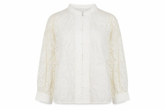 Front view of Gallery Women Ivory Lace Long Sleeve Button Blouse, size 14