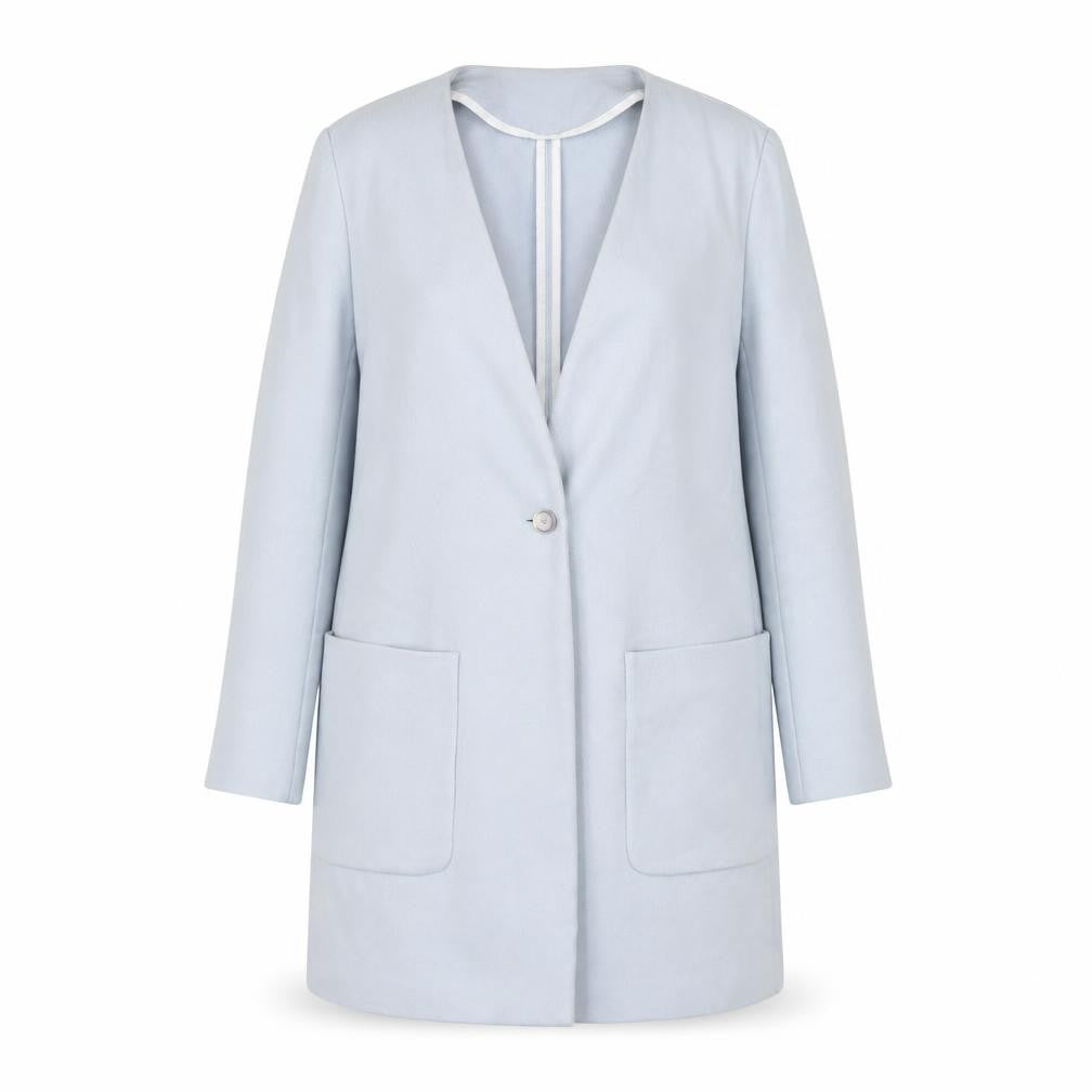 Front view of Zara Basic Women's Blue Cotton Long Blazer, size 12, Single-Breasted