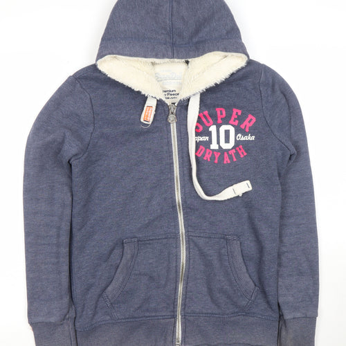 Superdry Women Blue Full Zip Hoodie Small Fleece Lined Casual
