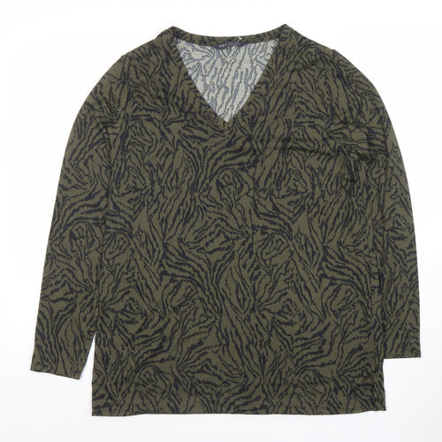 Marks and Spencer Women's Green Animal Print V-Neck Jersey Top Size 10