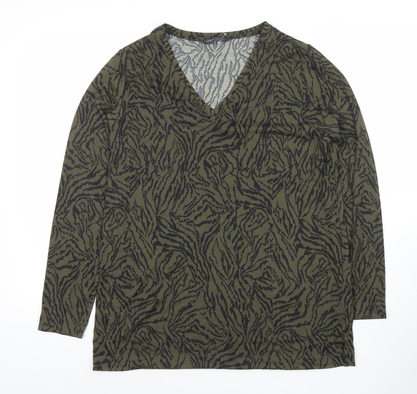 Marks and Spencer Women's Green Animal Print V-Neck Jersey Top Size 10