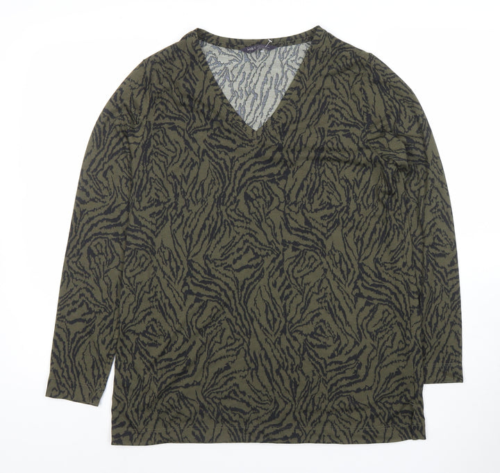 Marks and Spencer Women's Green Animal Print V-Neck Jersey Top Size 10