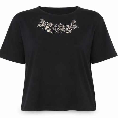 Eastex Women’s Black Floral Embroidered Cotton T-Shirt Size L