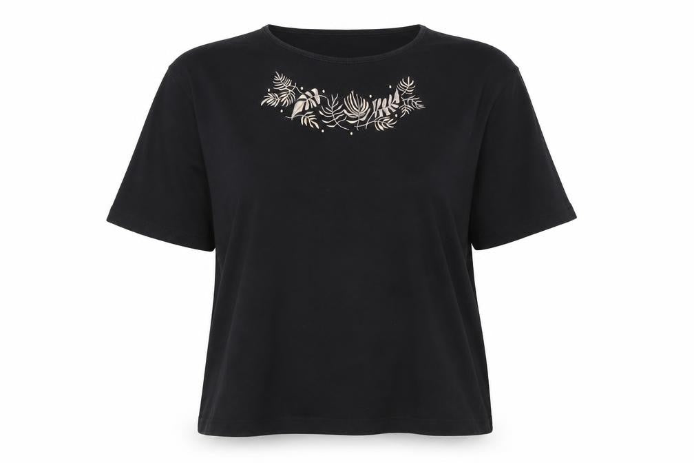 Eastex Women’s Black Floral Embroidered Cotton T-Shirt Size L