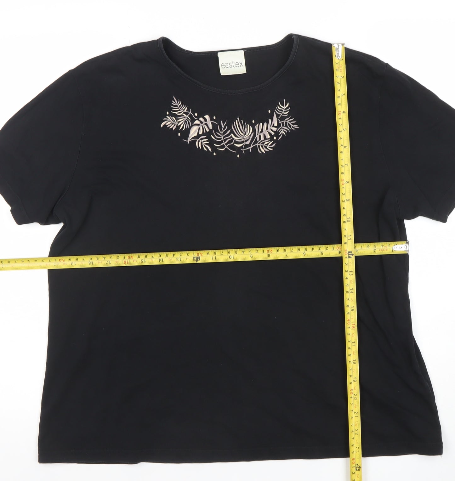Eastex Women’s Black Floral Embroidered Cotton T-Shirt Size L