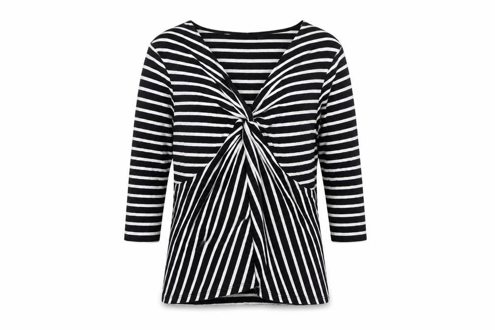 Front view of Country Casuals Petite Black & White Striped Viscose Top V-Neck Twist Front M