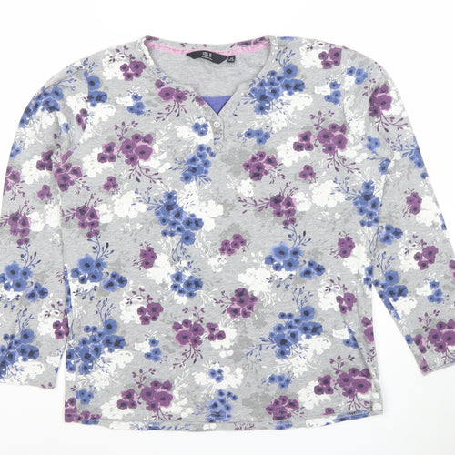 ISLE ESSENTIALS Women's Grey Floral Henley T-Shirt Long Sleeve M