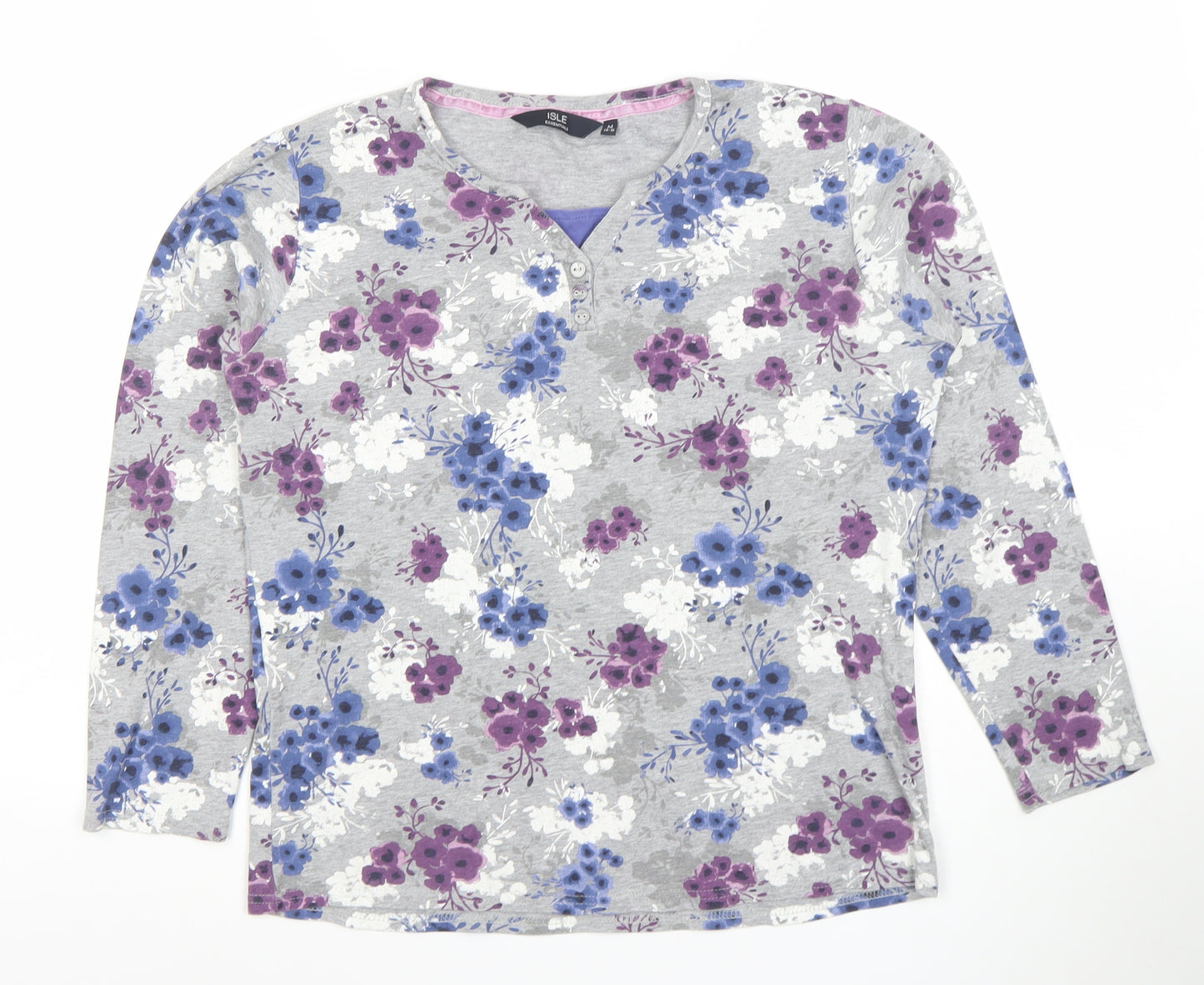 ISLE ESSENTIALS Women's Grey Floral Henley T-Shirt Long Sleeve M