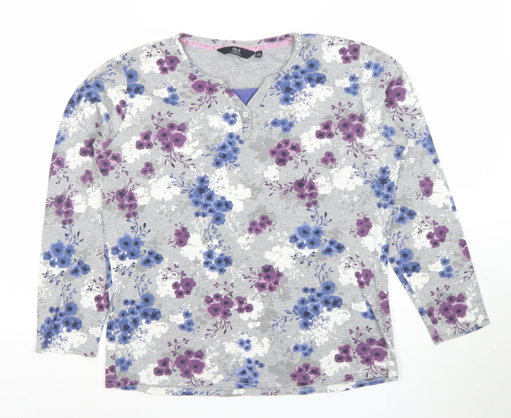 ISLE ESSENTIALS Women's Grey Floral Henley T-Shirt Long Sleeve M