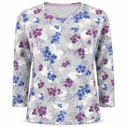 ISLE ESSENTIALS Women's Grey Floral Henley T-Shirt Long Sleeve M