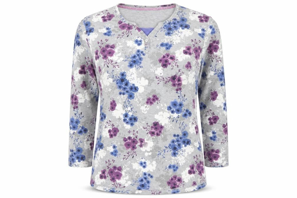 ISLE ESSENTIALS Women's Grey Floral Henley T-Shirt Long Sleeve M