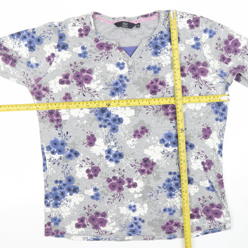 ISLE ESSENTIALS Women's Grey Floral Henley T-Shirt Long Sleeve M