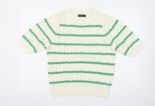 F&F Women’s Ivory Green Striped Open-Knit Short Sleeve Jumper M