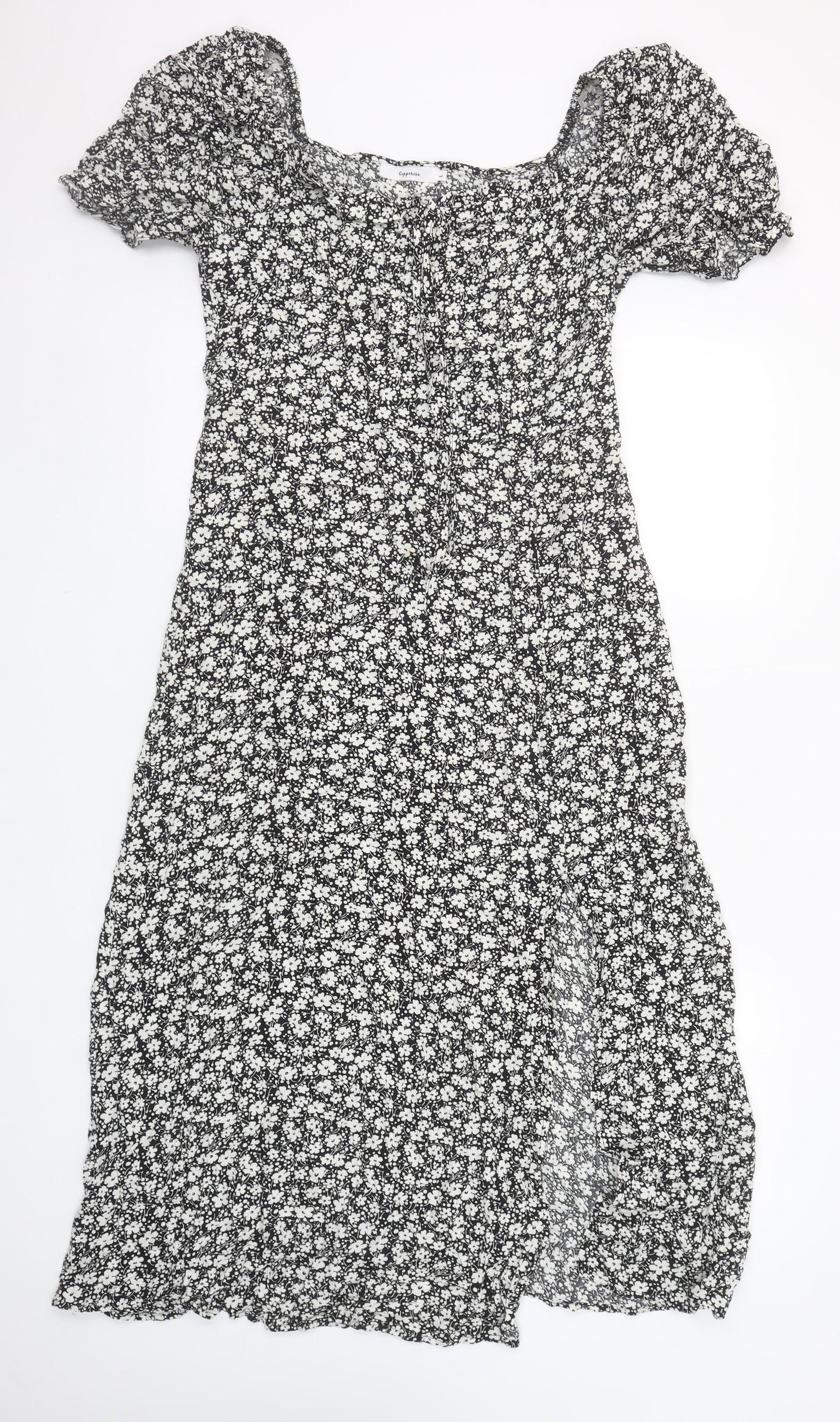 Copperrose Women’s Black Floral Midi A-Line Puff Sleeve Dress L