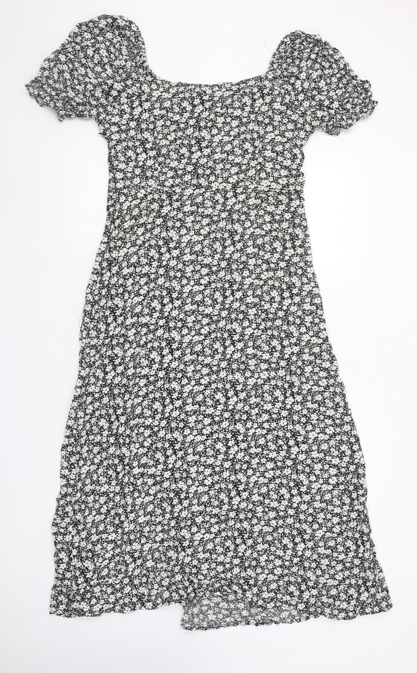 Copperrose Women’s Black Floral Midi A-Line Puff Sleeve Dress L