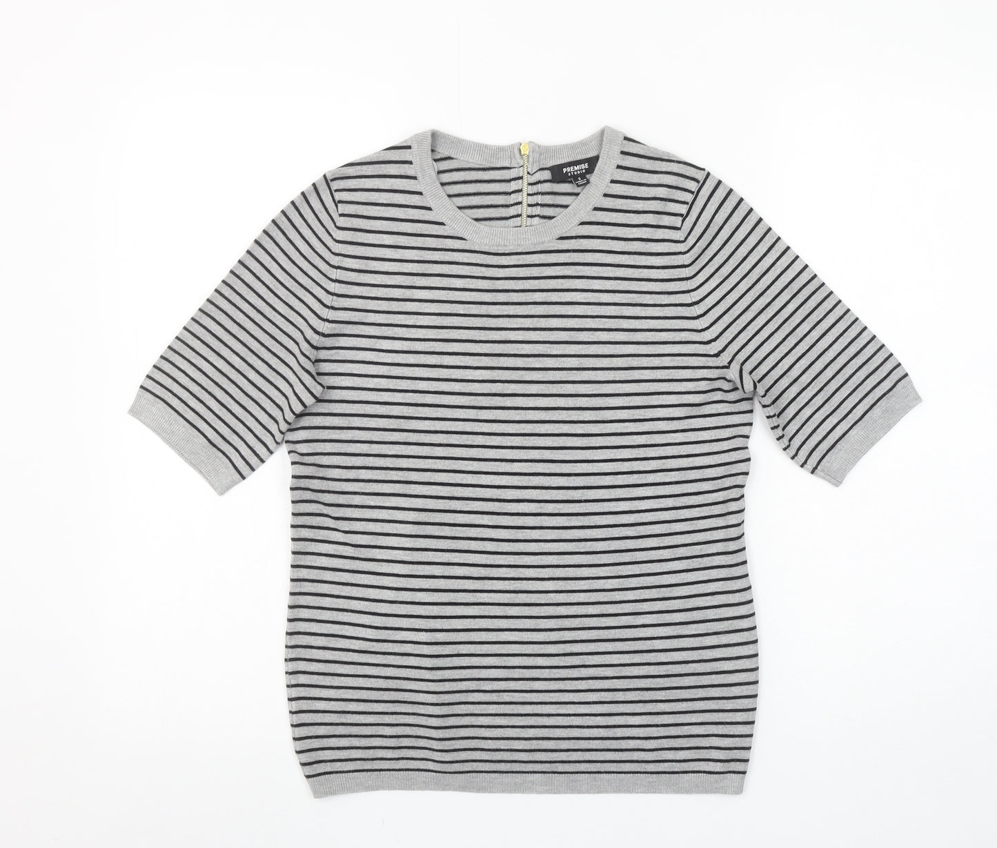 Premise Studio Women’s Grey Striped Short Sleeve Knit Pullover Jumper Size S
