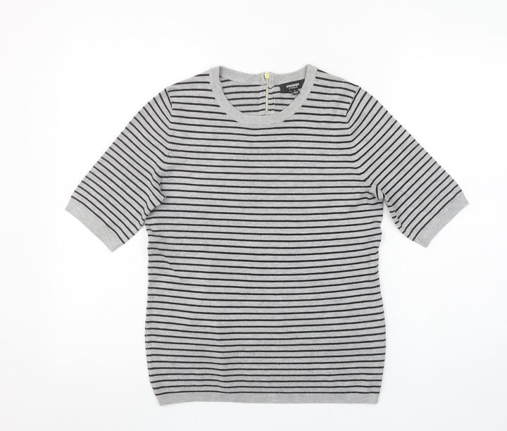 Premise Studio Women’s Grey Striped Short Sleeve Knit Pullover Jumper Size S