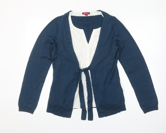 Monsoon Women Blue V-Neck Long Sleeve Tie Cardigan Size 14