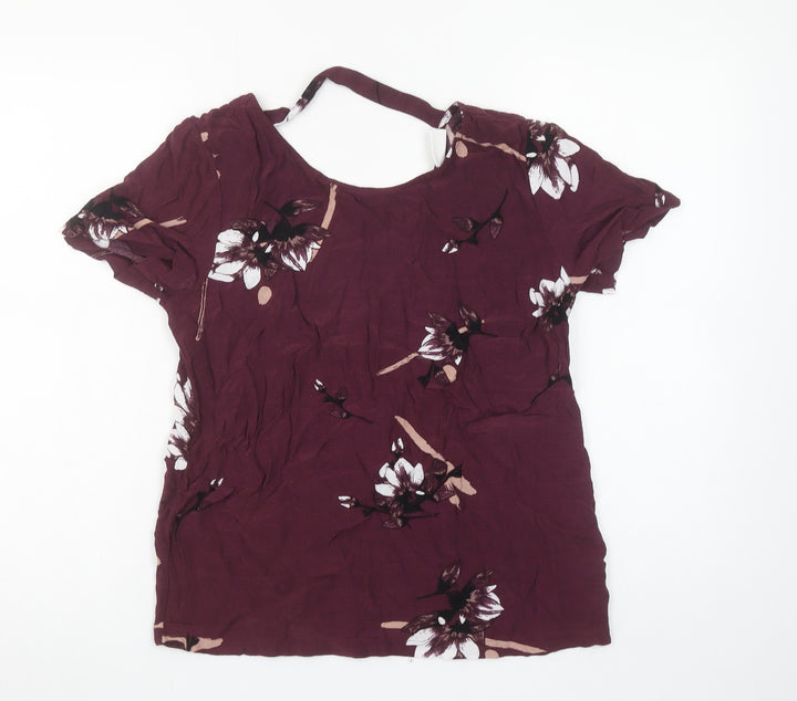 Vila Womens Purple Floral V-Neck Short Sleeve Viscose Blouse Size M