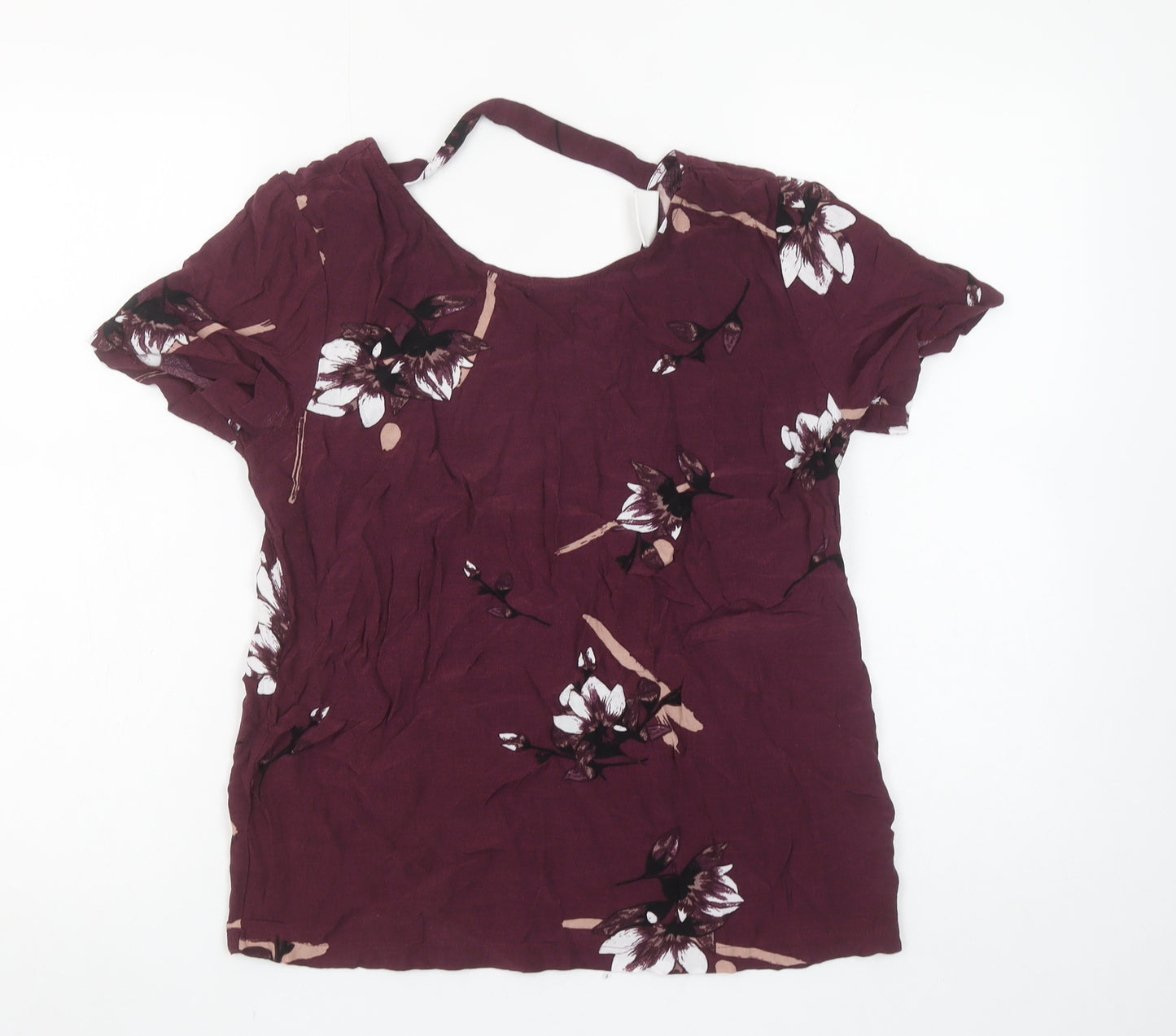 Vila Womens Purple Floral V-Neck Short Sleeve Viscose Blouse Size M
