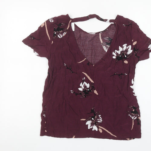 Vila Womens Purple Floral V-Neck Short Sleeve Viscose Blouse Size M