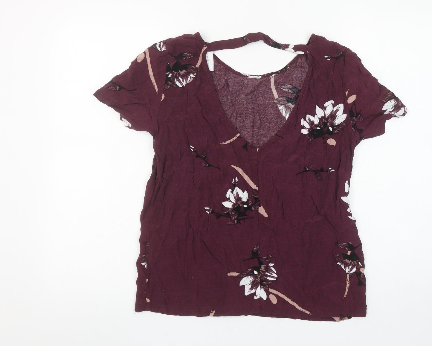 Vila Womens Purple Floral V-Neck Short Sleeve Viscose Blouse Size M
