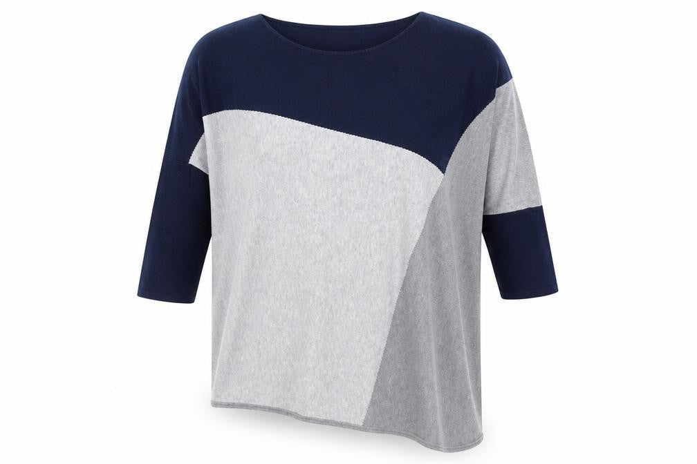 Front view of Paramour women’s grey blue asymmetrical jumper, size L