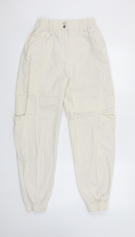 Bershka Women’s Ivory Cargo Trousers Size 10 Cotton Twill