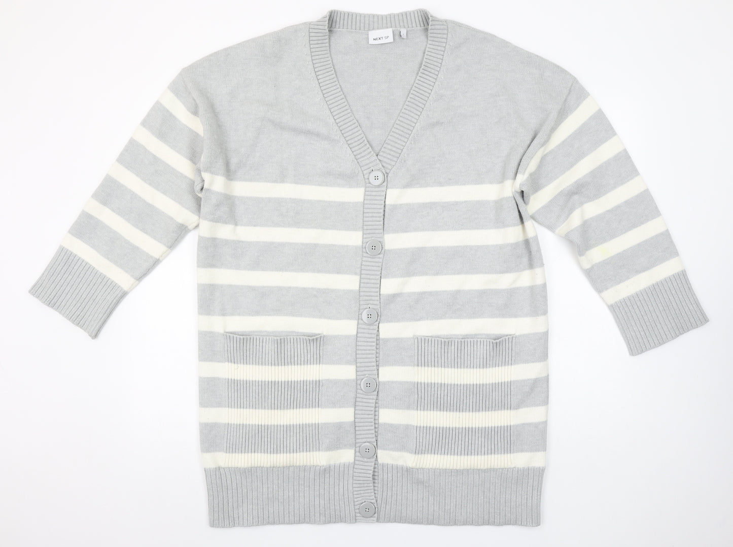 Next Women’s Grey Striped V-Neck Long Sleeve Knit Cardigan Size L