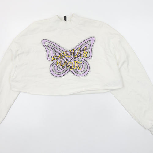 H&M Divided Women’s White Cropped Pullover Sweatshirt L Butterfly Karma & Magic