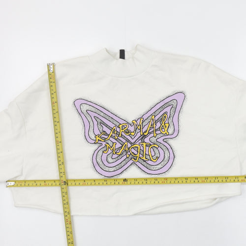 H&M Divided Women’s White Cropped Pullover Sweatshirt L Butterfly Karma & Magic