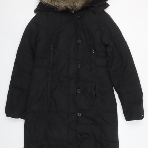 Tommy Hilfiger Women Black Long Parka Coat Faux Fur Trim Hood Belted M