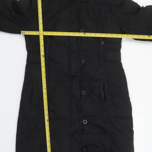 Tommy Hilfiger Women Black Long Parka Coat Faux Fur Trim Hood Belted M