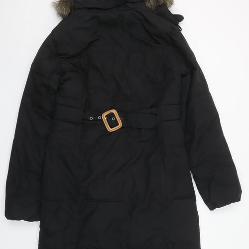 Tommy Hilfiger Women Black Long Parka Coat Faux Fur Trim Hood Belted M